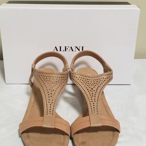 Alfani Beige Laser-Cut T-Strap Sandals